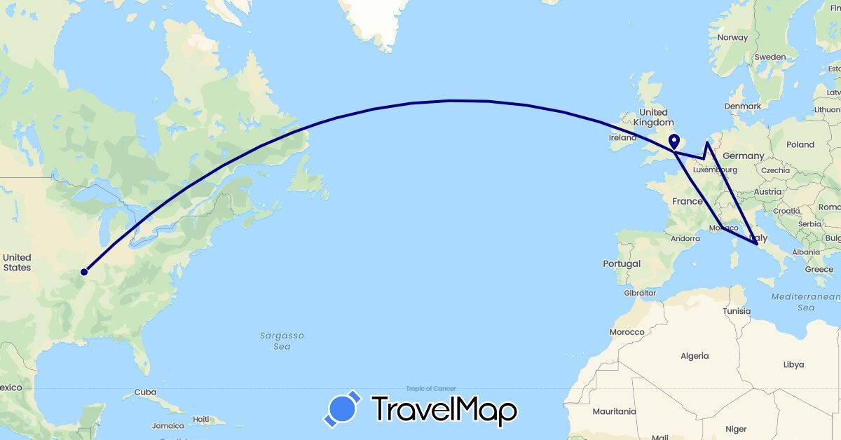 TravelMap itinerary: driving in Belgium, Switzerland, France, United Kingdom, Italy, Netherlands, United States (Europe, North America)